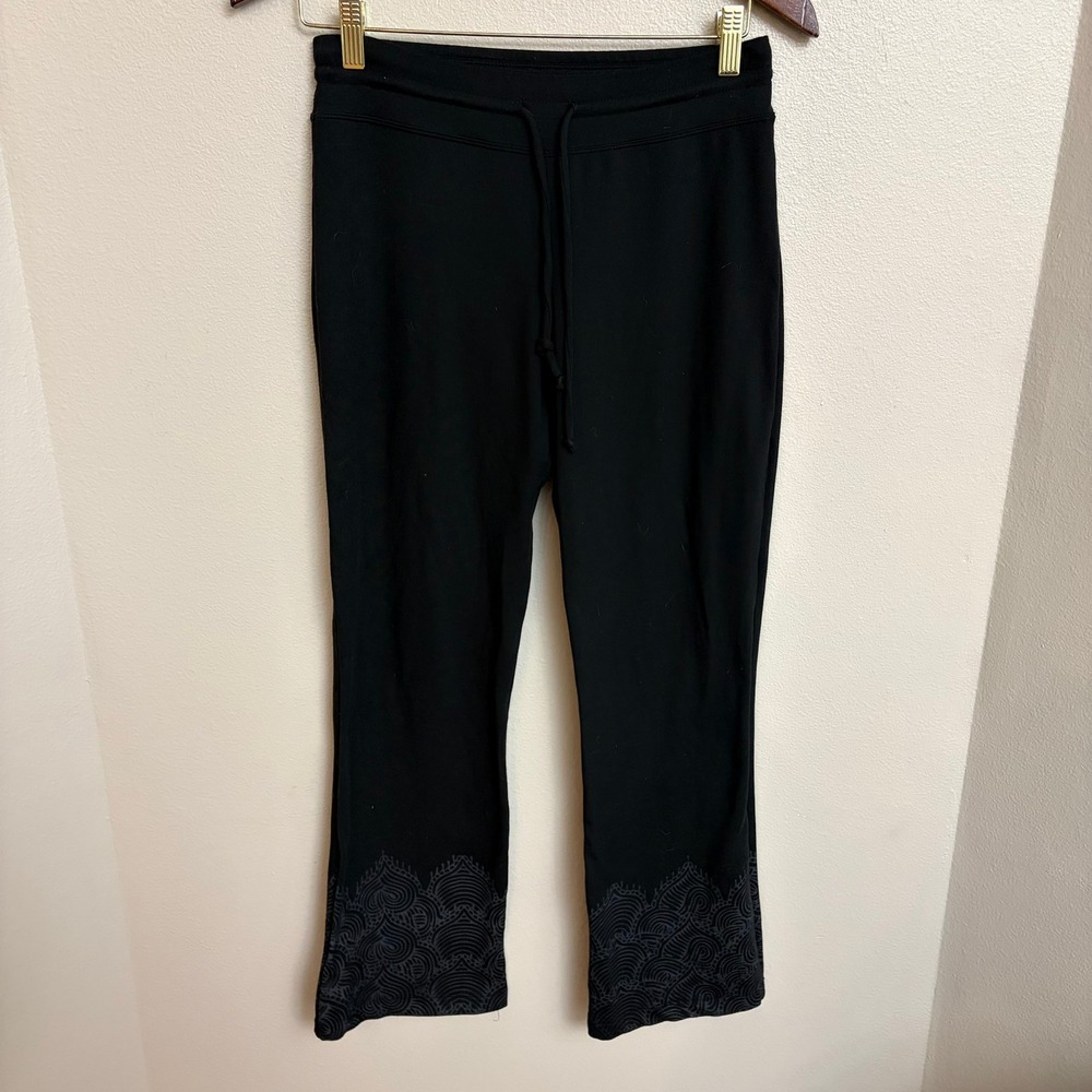 Prana Flare Leggings Yoga Pants XS Black Mandala Print Hem Drawstring Lounge